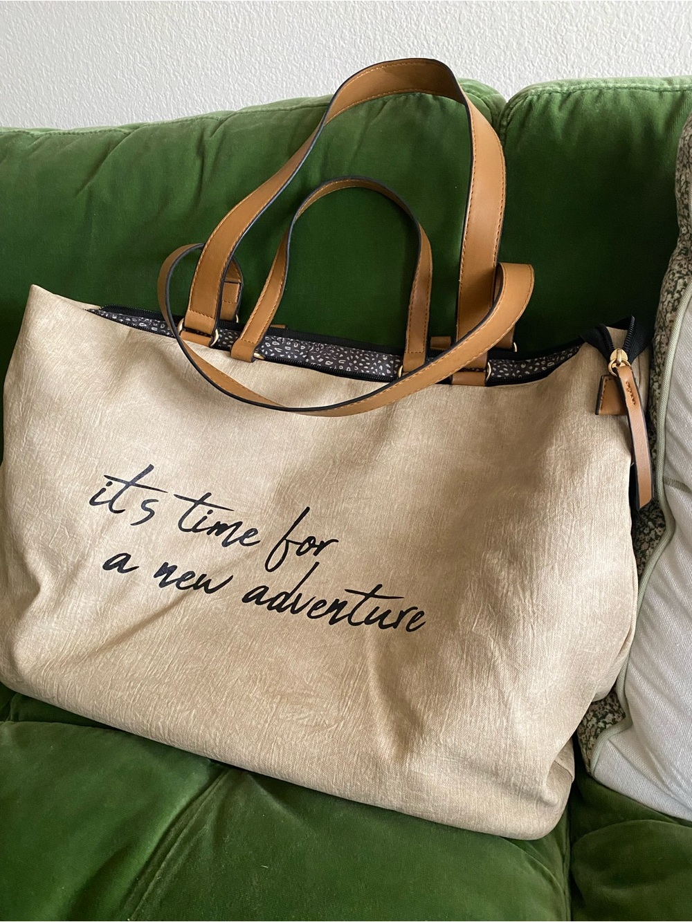 Shoulder Tote Bag - It’s Time for a New Adventure - Beige with Tan Handles